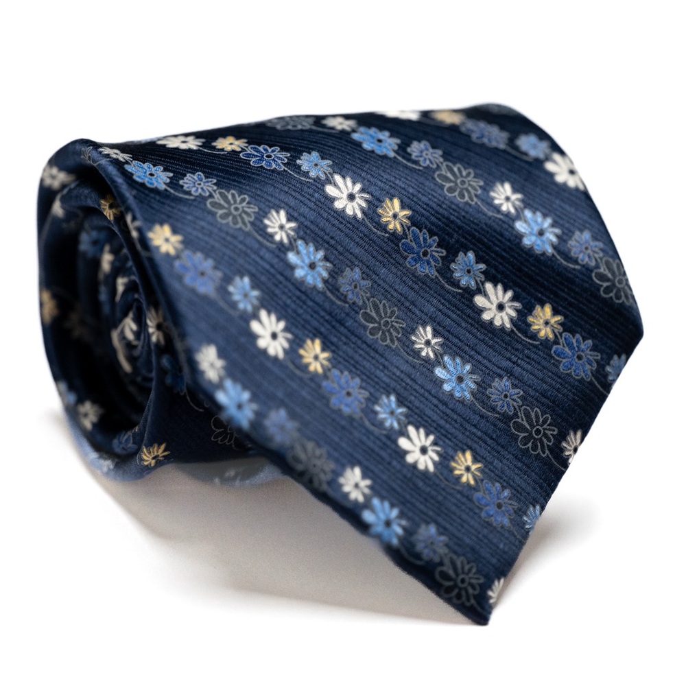 Umberto Bossi Italian Silk Navy Necktie with Blue and White‎ Floral Design, EUC